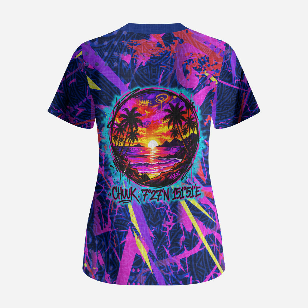 Chuuk Tropical Sunset Coordinates Scrub Top Neon Graffiti Polynesian Tribal