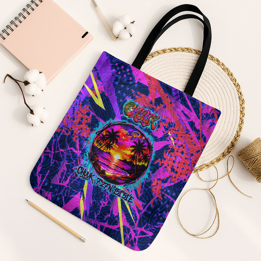 Chuuk Tropical Sunset Coordinates Tote Bag Neon Graffiti Polynesian Tribal