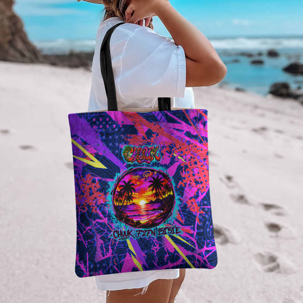 Chuuk Tropical Sunset Coordinates Tote Bag Neon Graffiti Polynesian Tribal