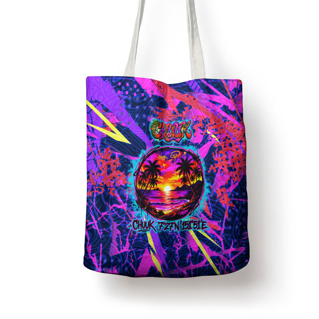 Chuuk Tropical Sunset Coordinates Tote Bag Neon Graffiti Polynesian Tribal