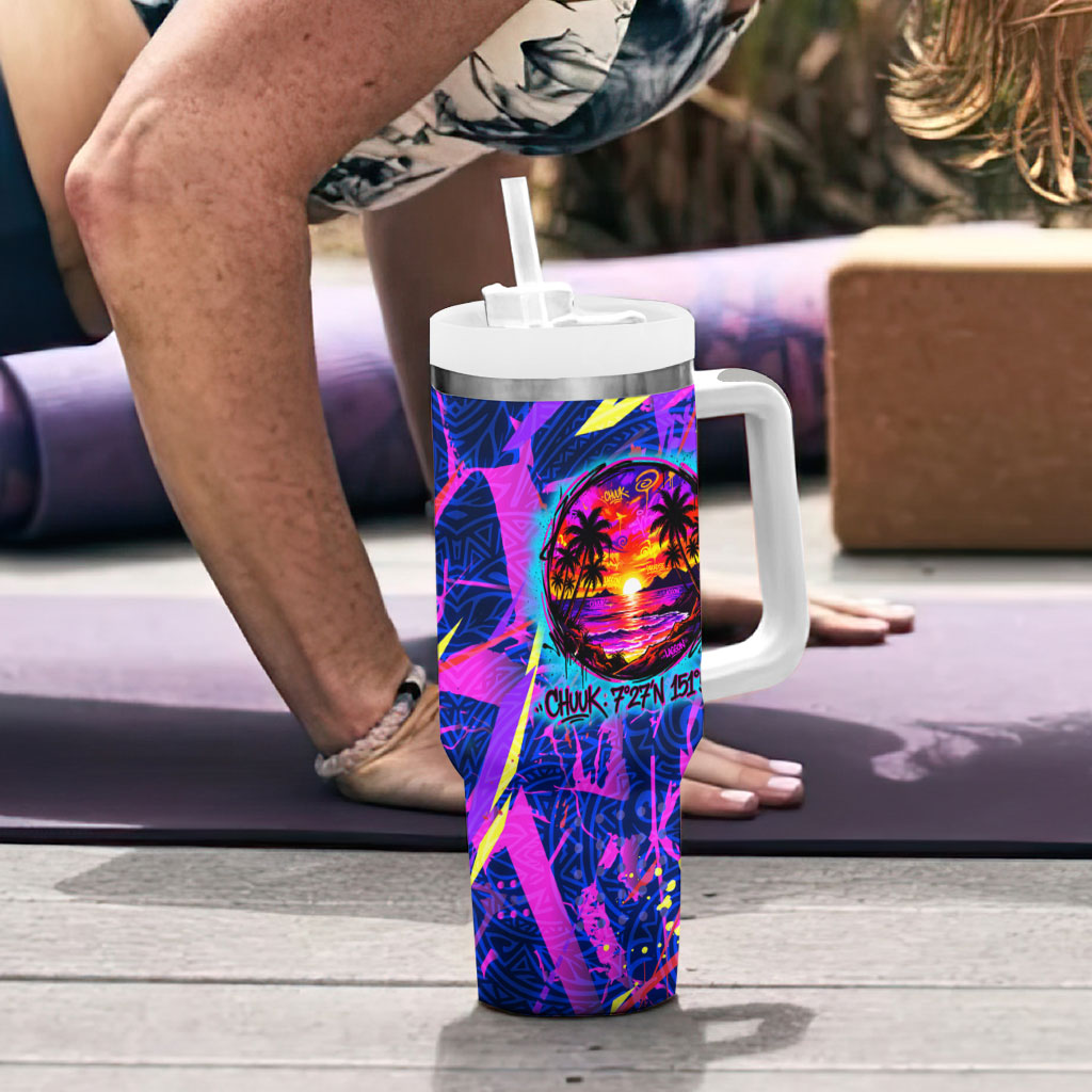 Chuuk Tropical Sunset Coordinates Tumbler With Handle Neon Graffiti Polynesian Tribal