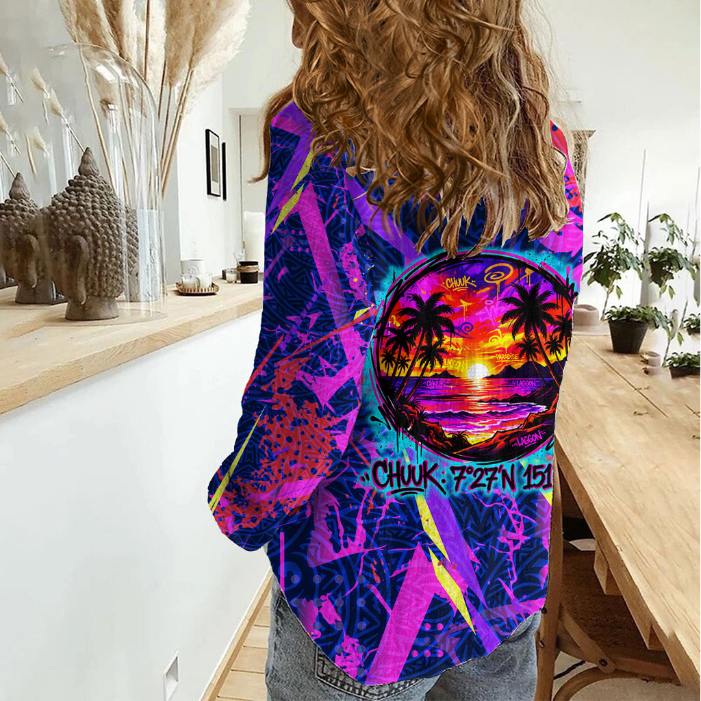 Chuuk Tropical Sunset Coordinates Women Casual Shirt Neon Graffiti Polynesian Tribal