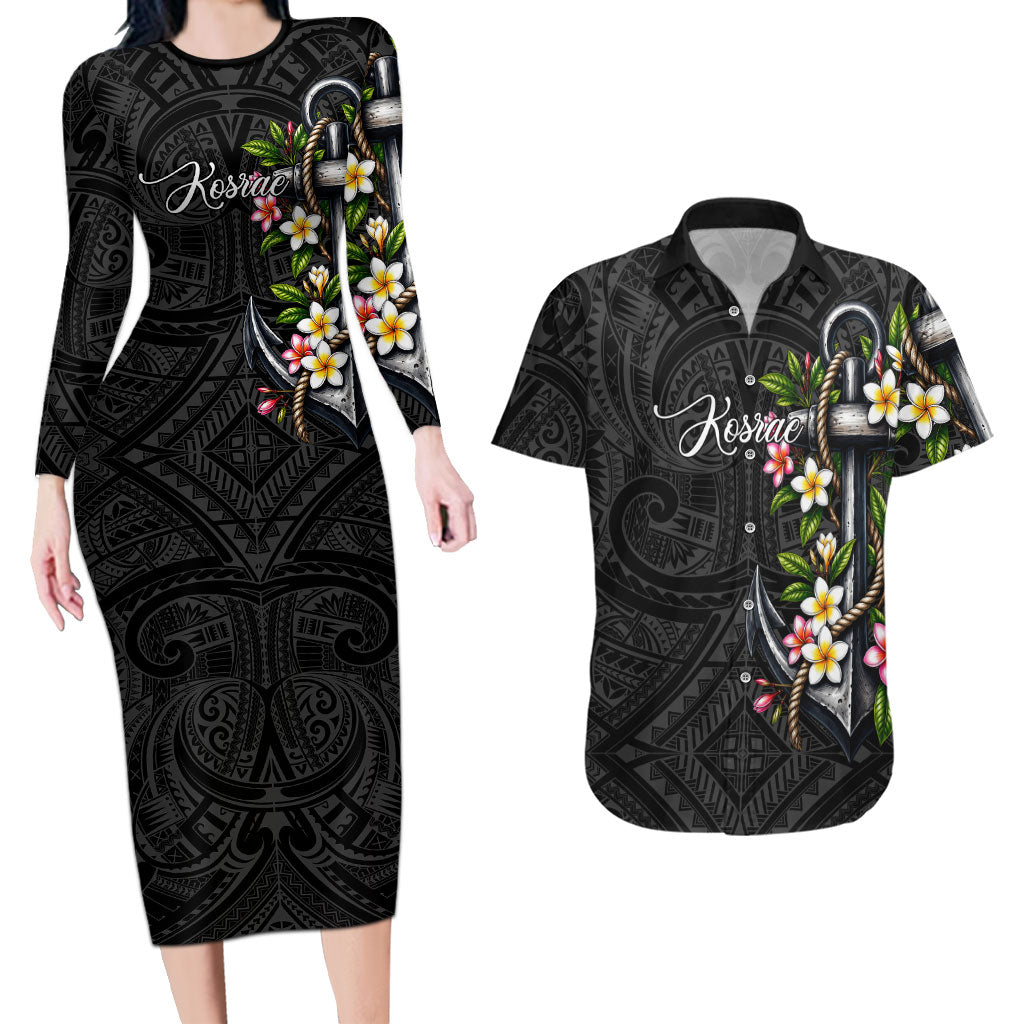 Kosrae Nautical Heritage Couples Matching Long Sleeve Bodycon Dress and Hawaiian Shirt Polynesian Tribal Anchor With Plumeria Tropical Art