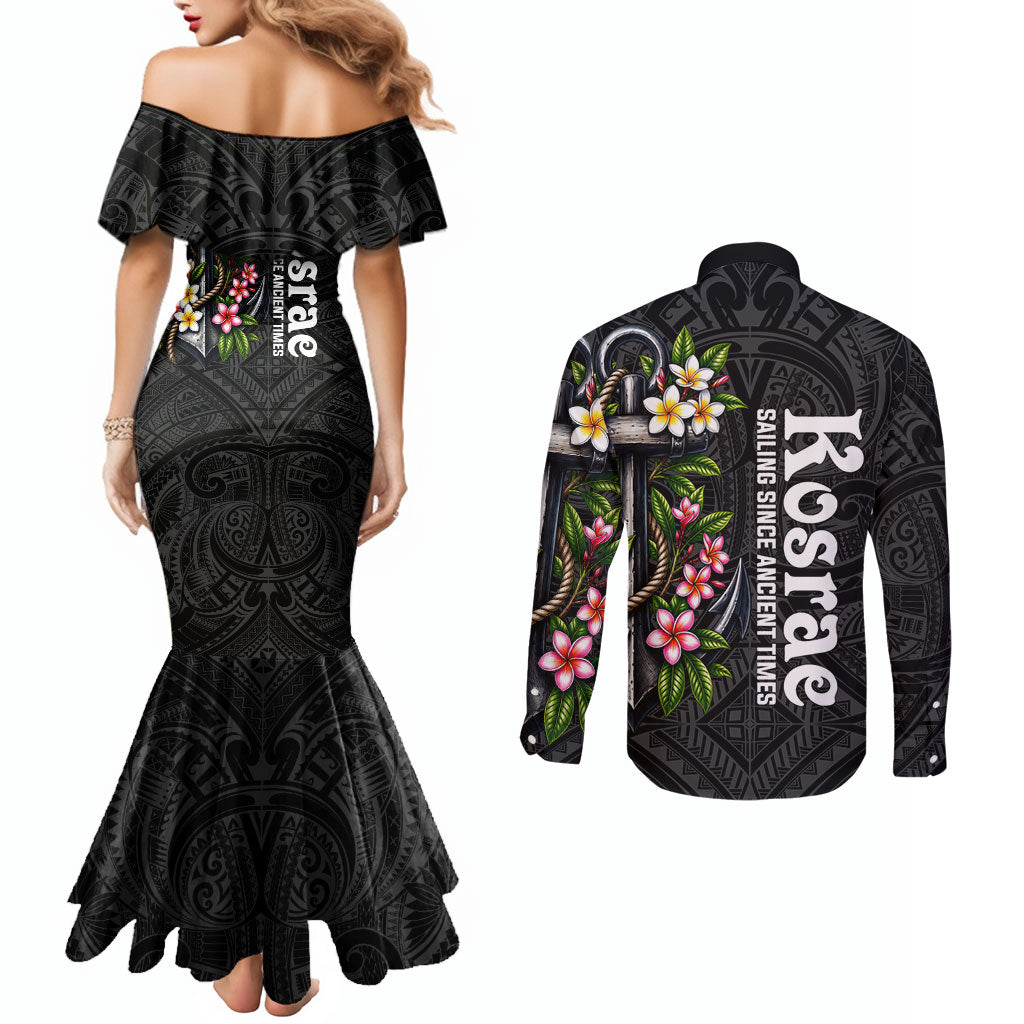Kosrae Nautical Heritage Couples Matching Mermaid Dress and Long Sleeve Button Shirt Polynesian Tribal Anchor With Plumeria Tropical Art