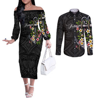 Kosrae Nautical Heritage Couples Matching Off The Shoulder Long Sleeve Dress and Long Sleeve Button Shirt Polynesian Tribal Anchor With Plumeria Tropical Art