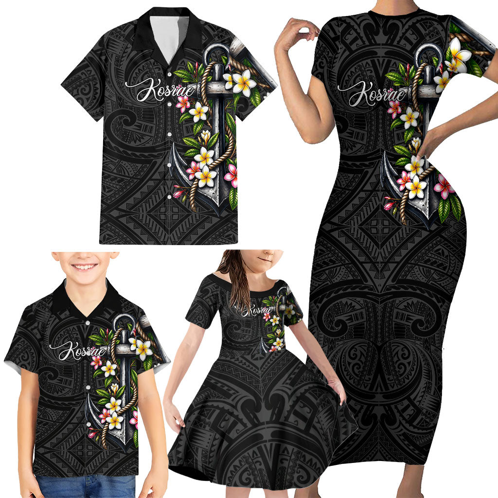 Kosrae Nautical Heritage Family Matching Short Sleeve Bodycon Dress and Hawaiian Shirt Polynesian Tribal Anchor With Plumeria Tropical Art