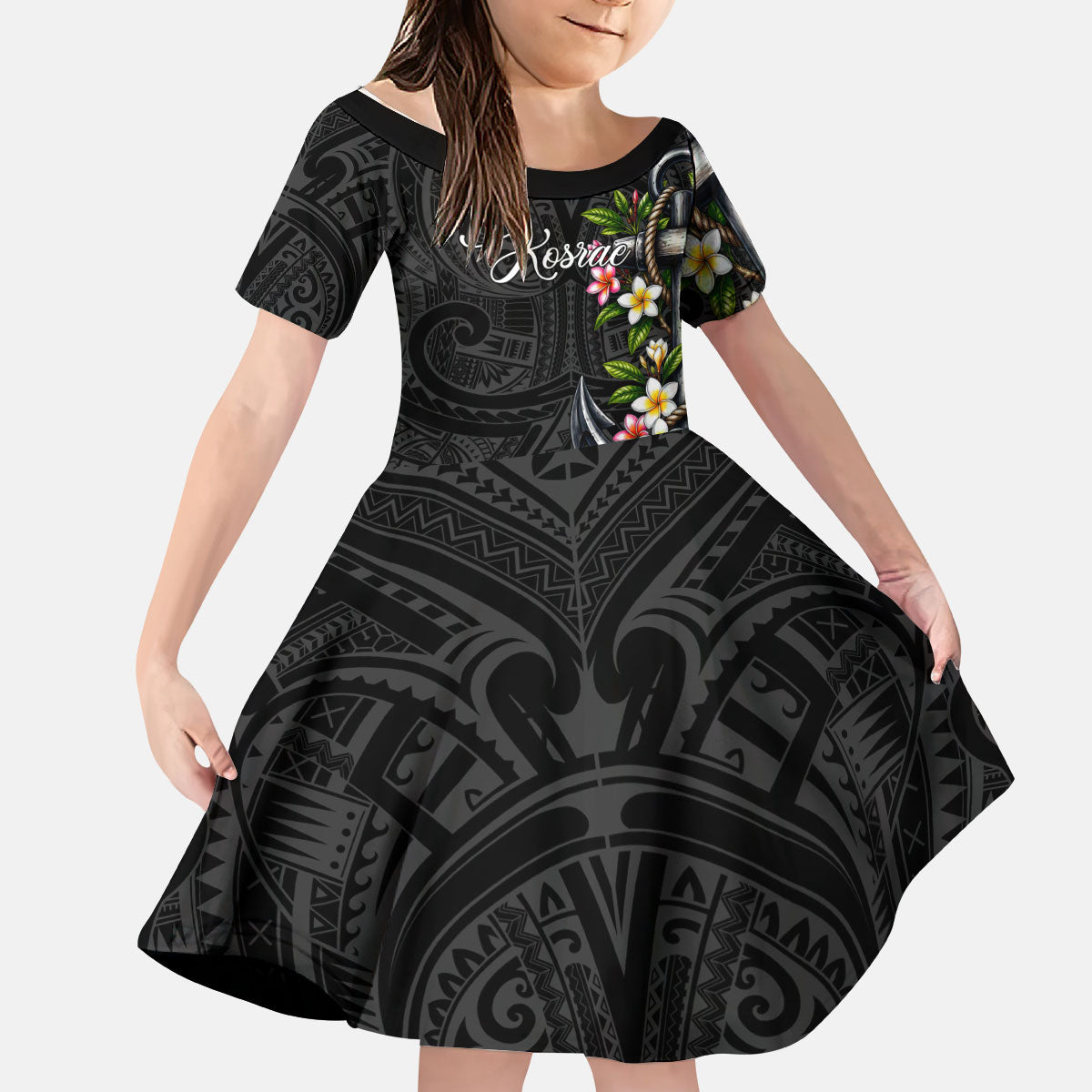 Kosrae Nautical Heritage Kid Short Sleeve Dress Polynesian Tribal Anchor With Plumeria Tropical Art TS04 KID Black Grey - Polynesian Pride