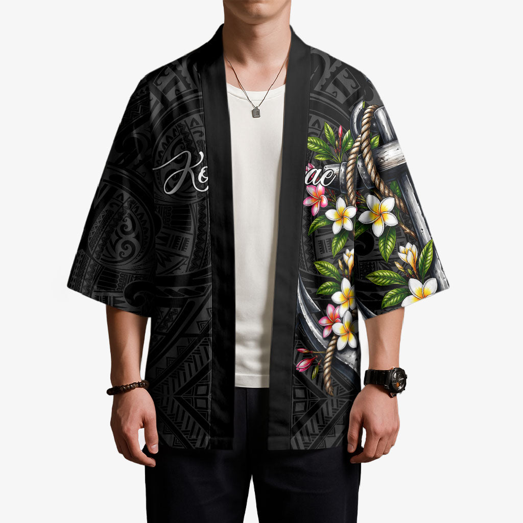 Kosrae Nautical Heritage Kimono Polynesian Tribal Anchor With Plumeria Tropical Art