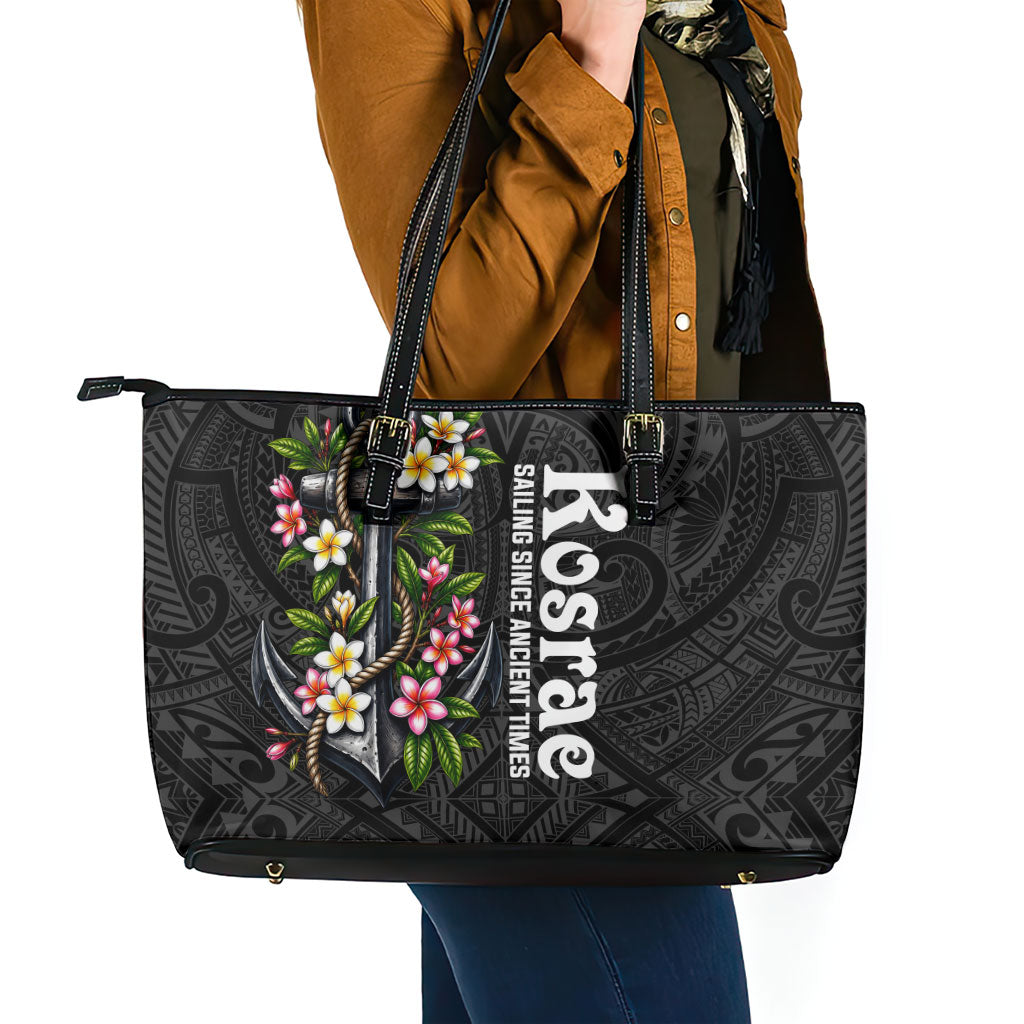 Kosrae Nautical Heritage Leather Tote Bag Polynesian Tribal Anchor With Plumeria Tropical Art