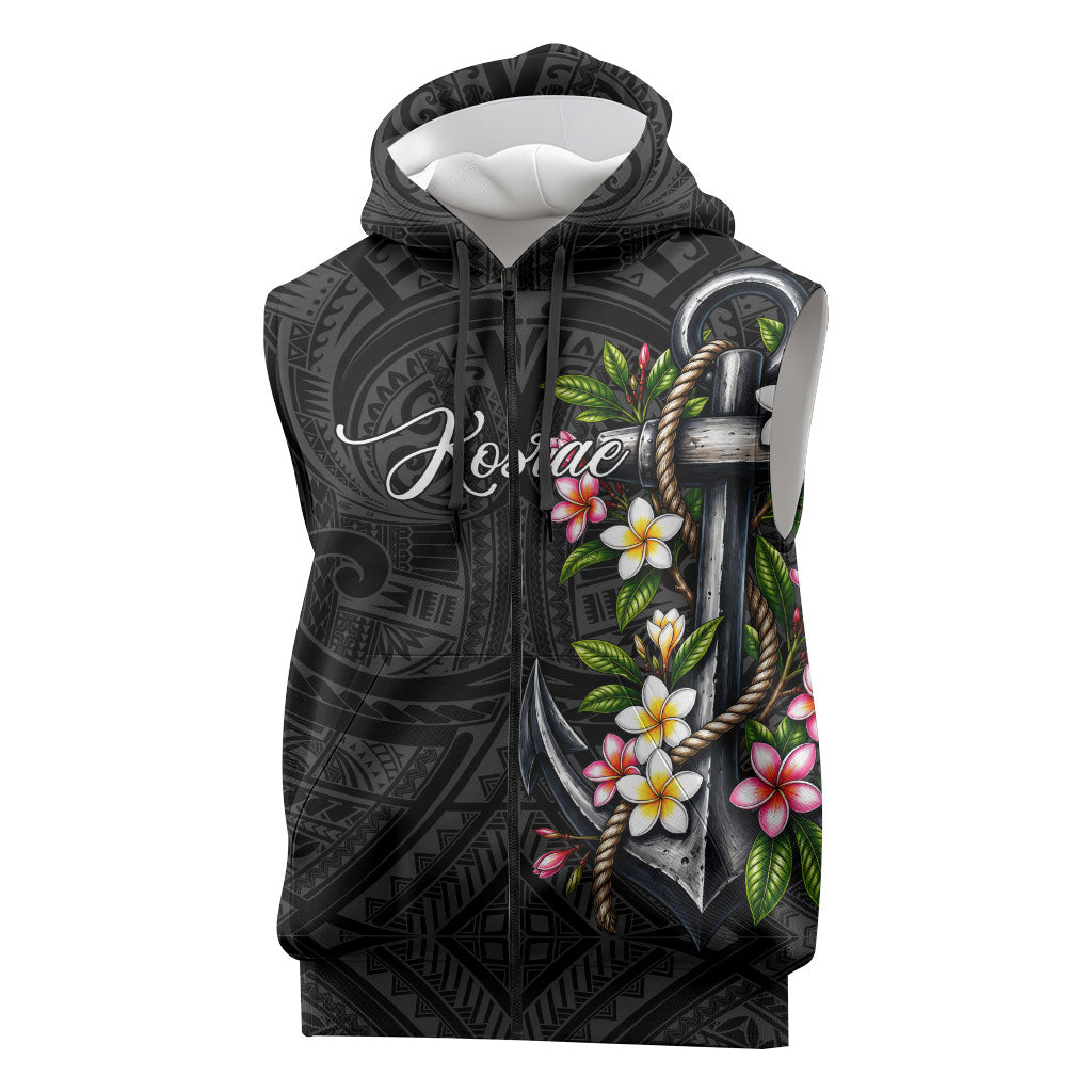 Kosrae Nautical Heritage Sleeveless Zip Hoodie Polynesian Tribal Anchor With Plumeria Tropical Art