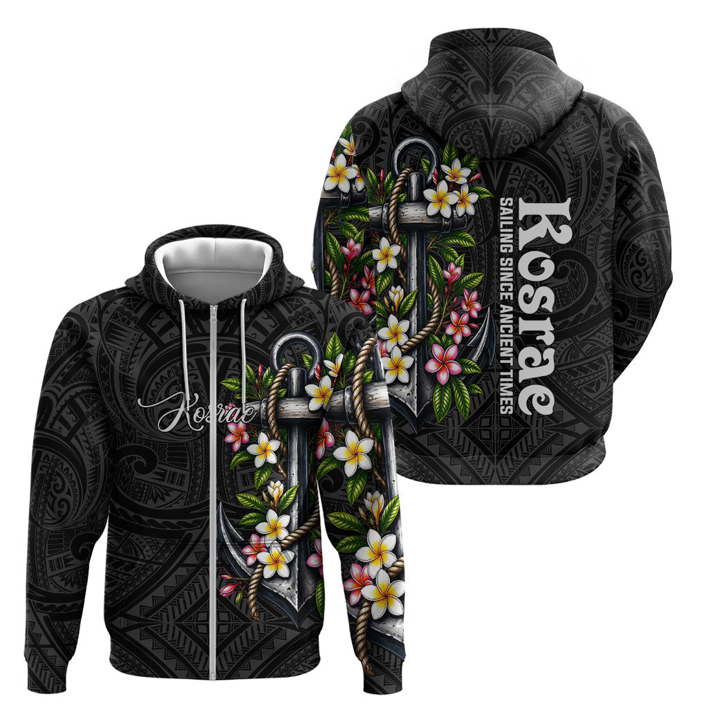 Kosrae Nautical Heritage Zip Hoodie Polynesian Tribal Anchor With Plumeria Tropical Art
