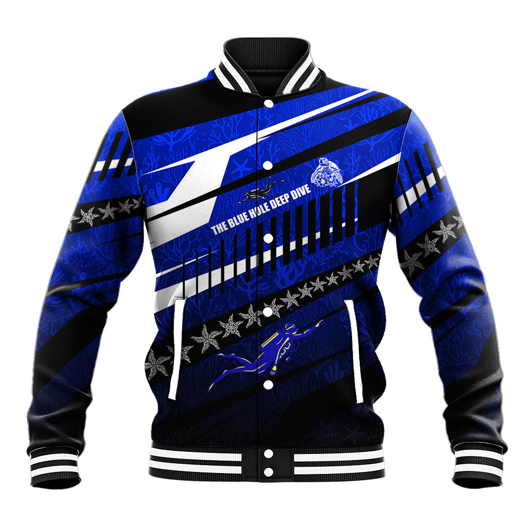 Kosrae Deep Sea Scuba Diving Baseball Jacket Blue Hole Beneath The Surface Coral Reef Graphic Art TS04 Unisex Blue Black - Polynesian Pride