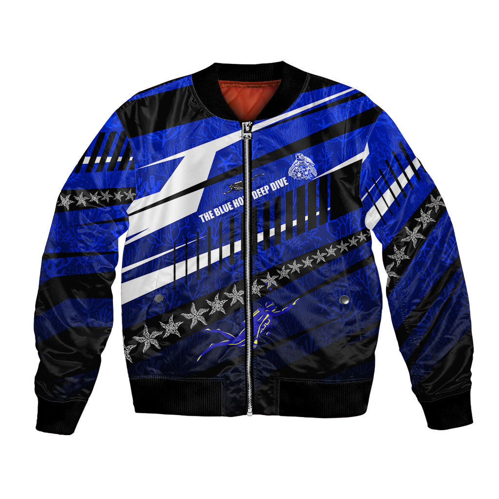 Kosrae Deep Sea Scuba Diving Bomber Jacket Blue Hole Beneath The Surface Coral Reef Graphic Art TS04 Unisex Blue Black - Polynesian Pride