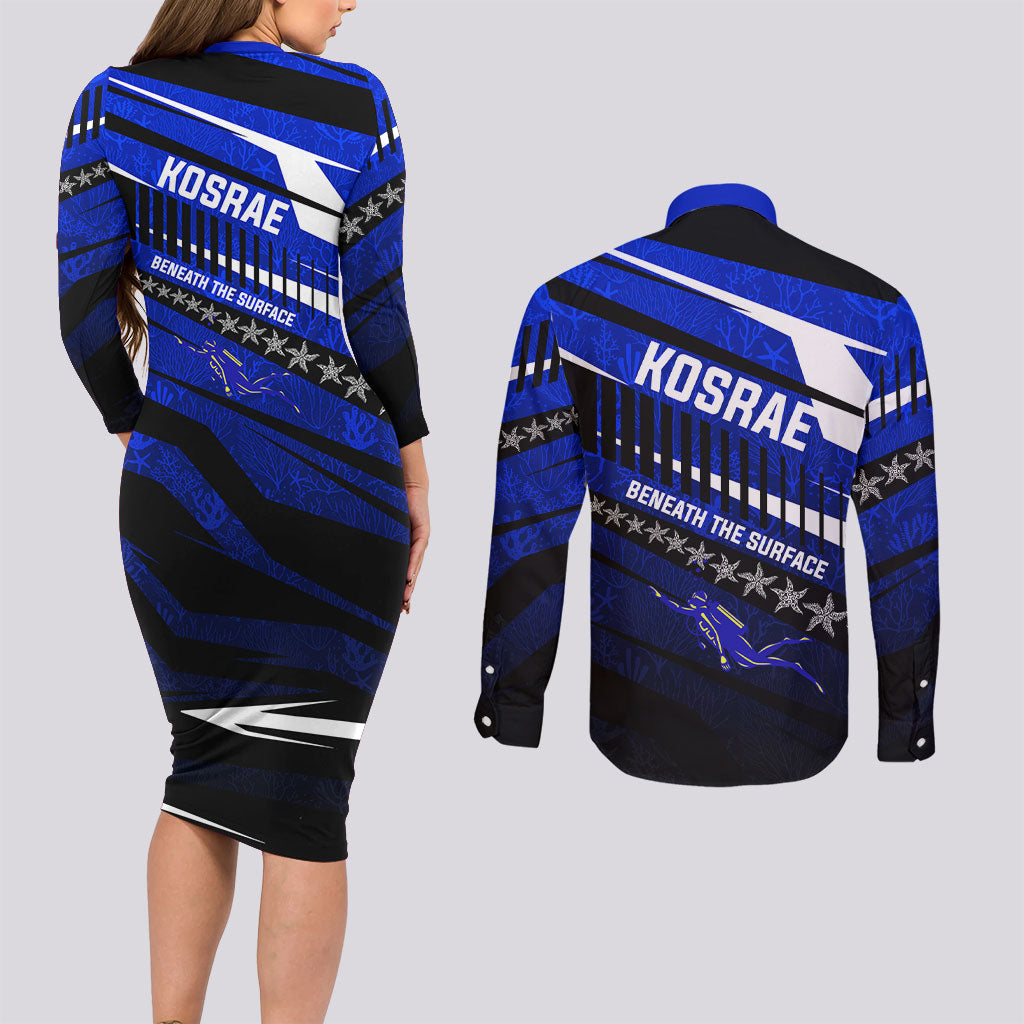 Kosrae Deep Sea Scuba Diving Couples Matching Long Sleeve Bodycon Dress and Long Sleeve Button Shirt Blue Hole Beneath The Surface Coral Reef Graphic Art