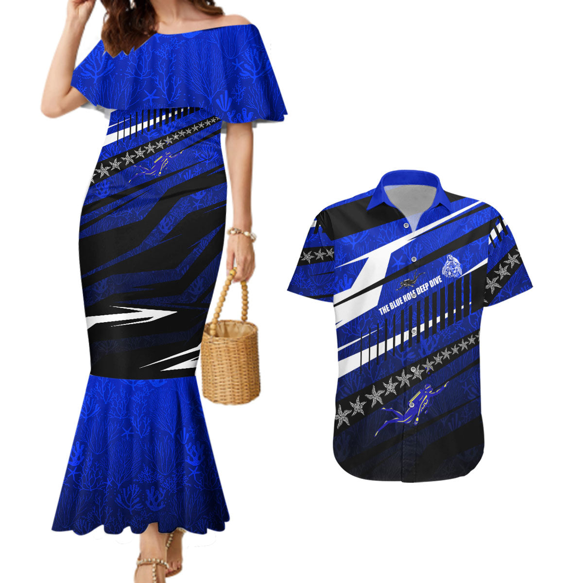 Kosrae Deep Sea Scuba Diving Couples Matching Mermaid Dress and Hawaiian Shirt Blue Hole Beneath The Surface Coral Reef Graphic Art TS04 Blue Black - Polynesian Pride