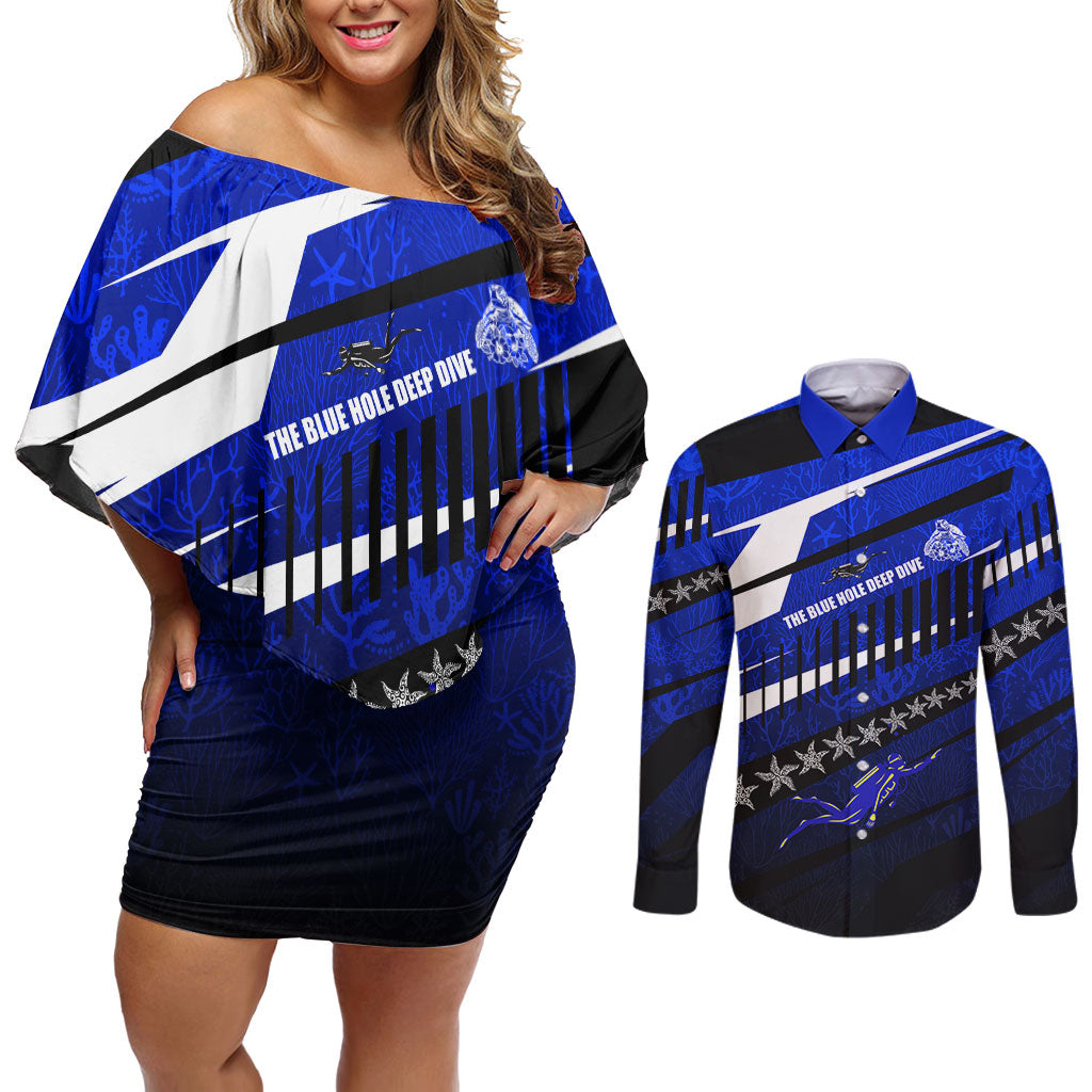 Kosrae Deep Sea Scuba Diving Couples Matching Off Shoulder Short Dress and Long Sleeve Button Shirt Blue Hole Beneath The Surface Coral Reef Graphic Art
