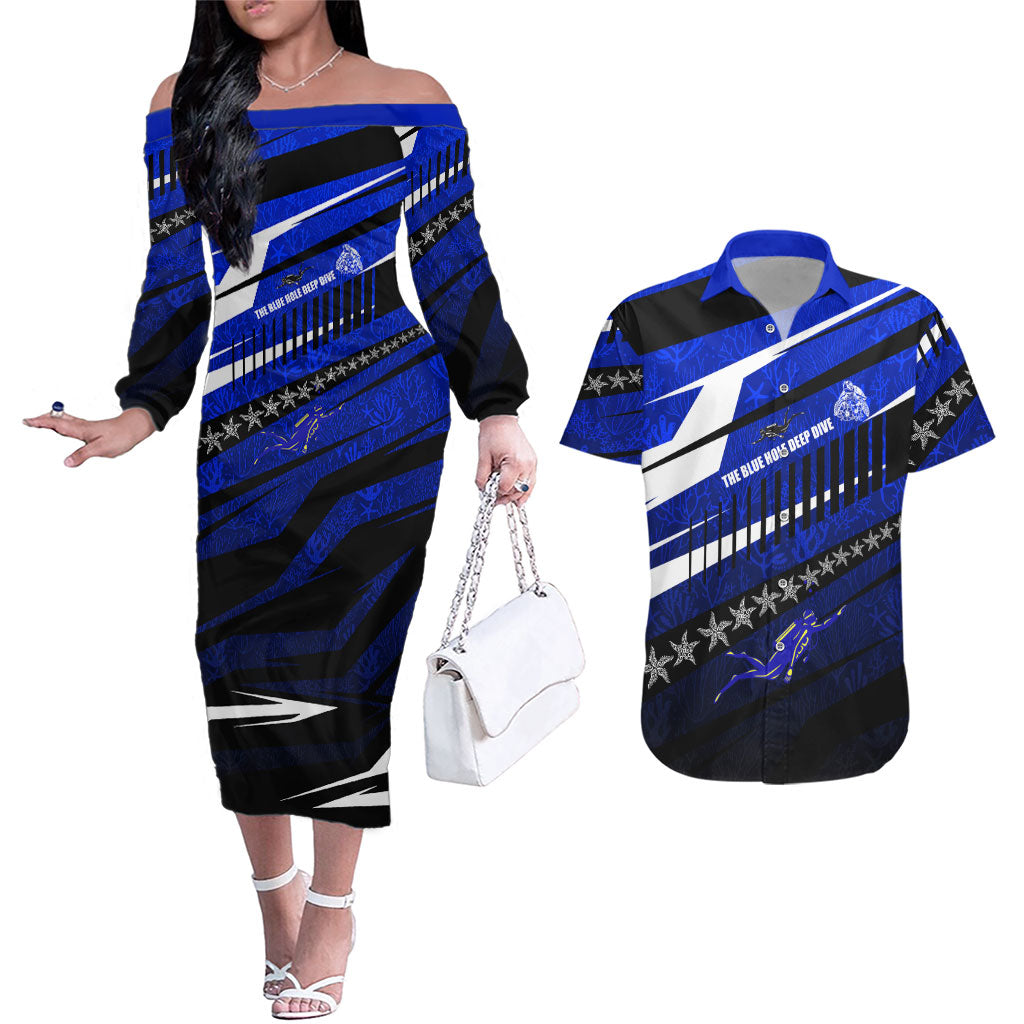 Kosrae Deep Sea Scuba Diving Couples Matching Off The Shoulder Long Sleeve Dress and Hawaiian Shirt Blue Hole Beneath The Surface Coral Reef Graphic Art