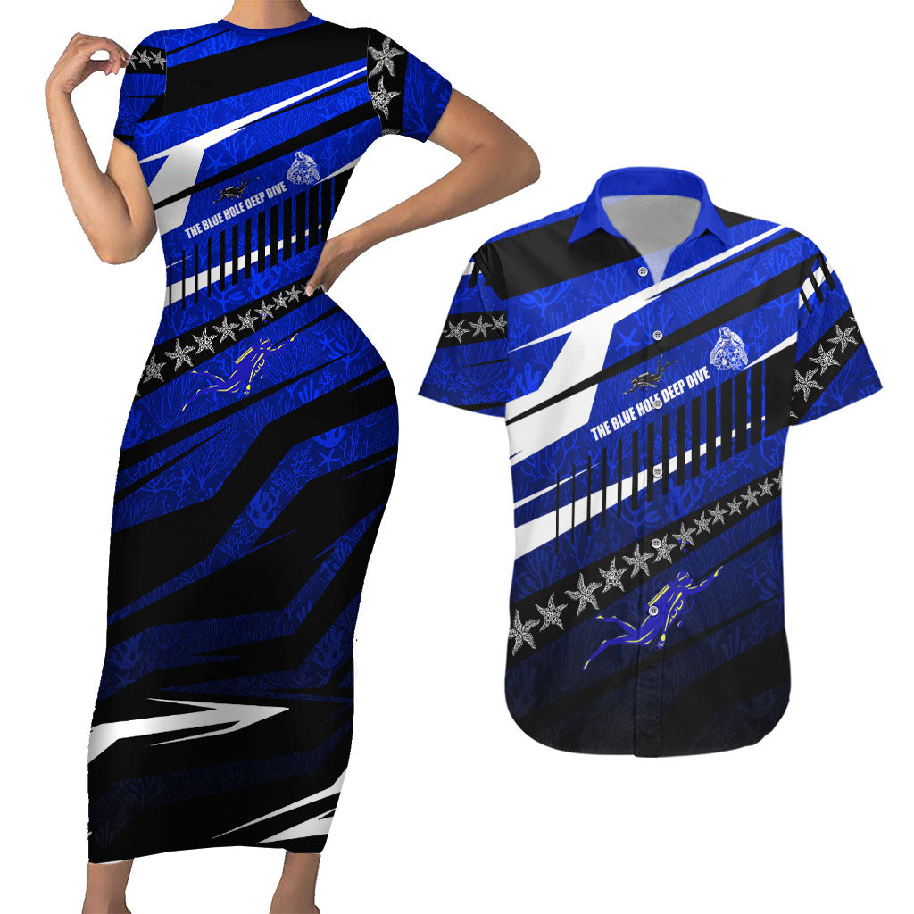 Kosrae Deep Sea Scuba Diving Couples Matching Short Sleeve Bodycon Dress and Hawaiian Shirt Blue Hole Beneath The Surface Coral Reef Graphic Art TS04 Blue Black - Polynesian Pride