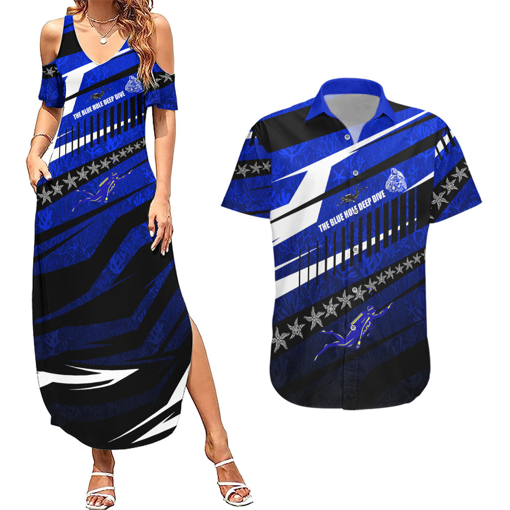 Kosrae Deep Sea Scuba Diving Couples Matching Summer Maxi Dress and Hawaiian Shirt Blue Hole Beneath The Surface Coral Reef Graphic Art