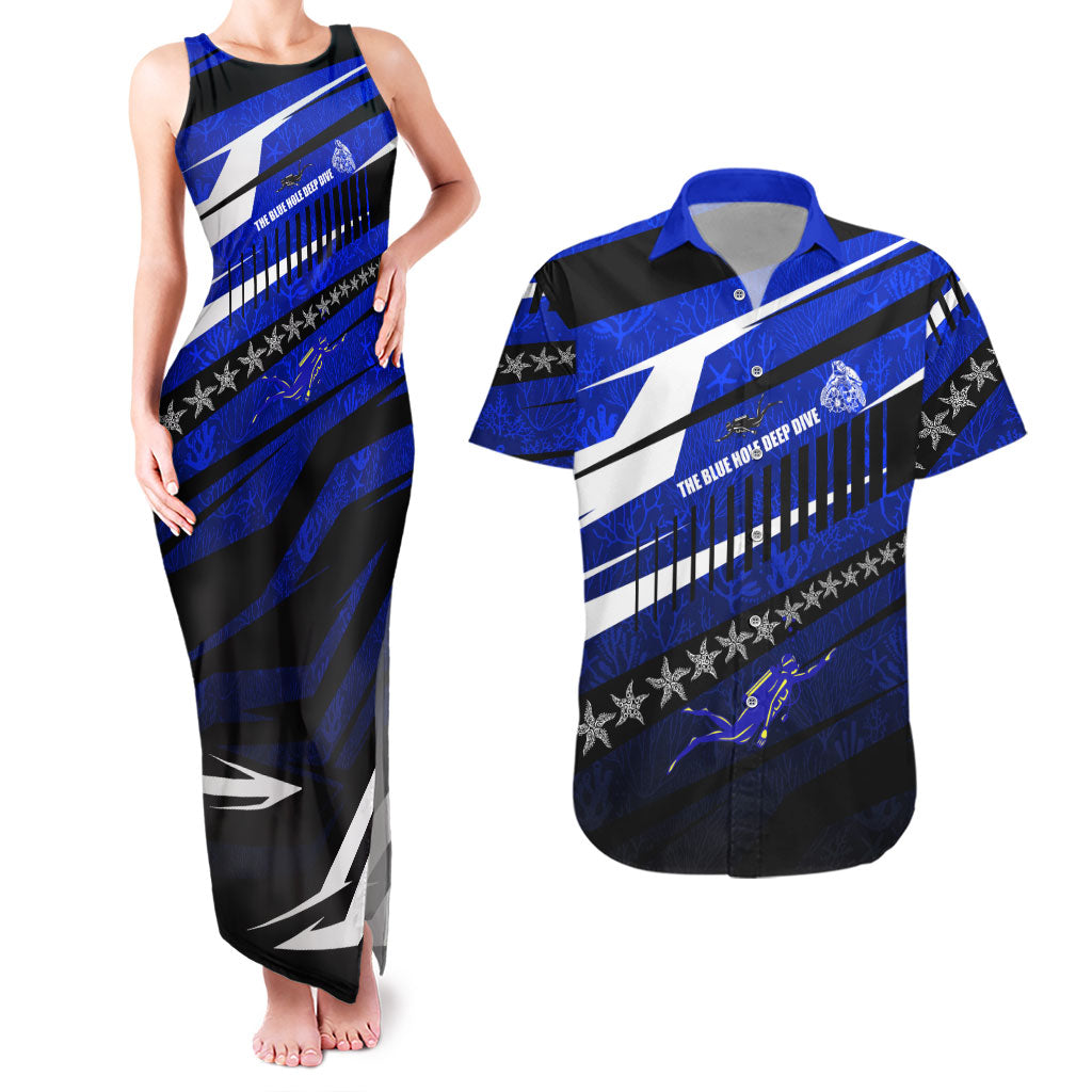 Kosrae Deep Sea Scuba Diving Couples Matching Tank Maxi Dress and Hawaiian Shirt Blue Hole Beneath The Surface Coral Reef Graphic Art TS04 Blue Black - Polynesian Pride
