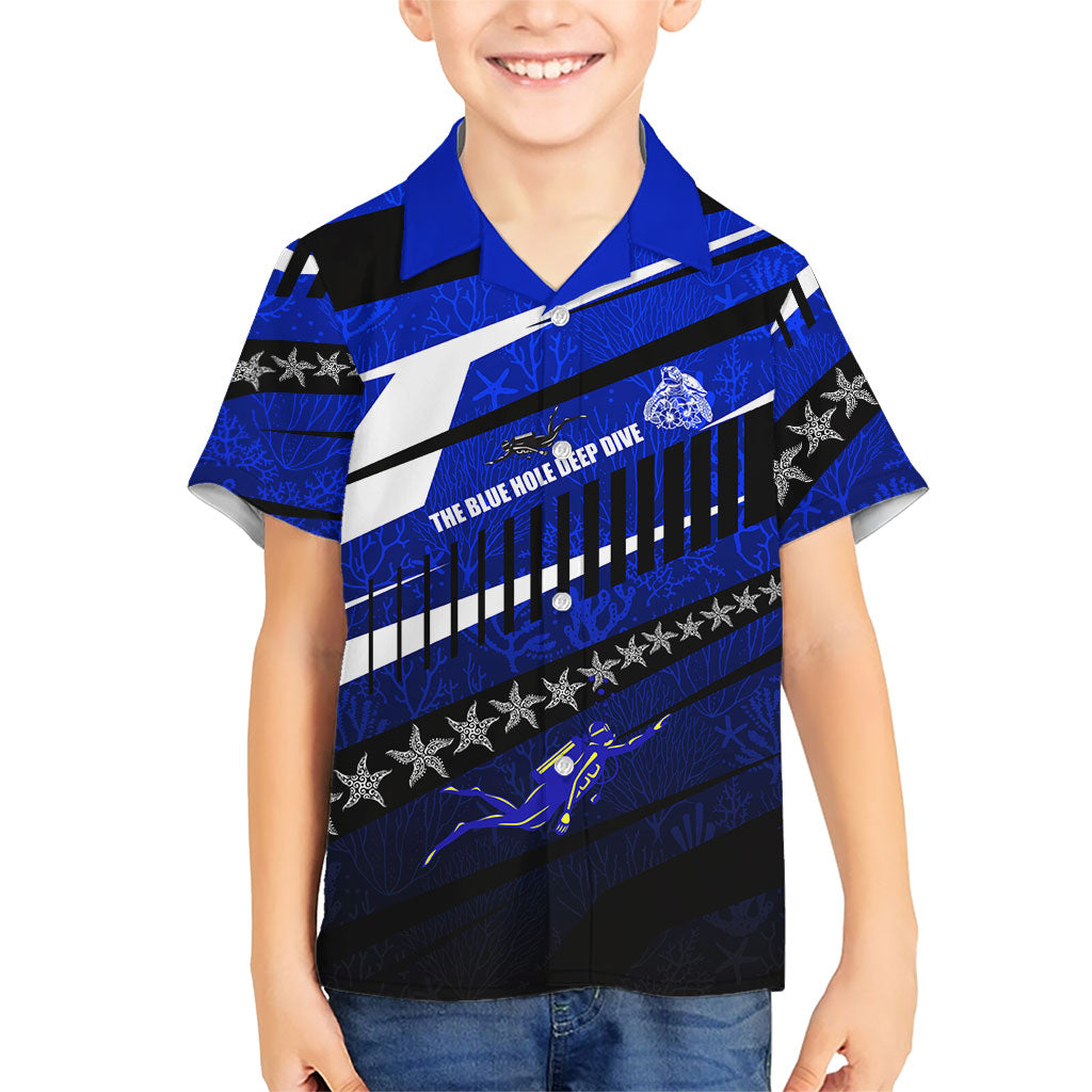 Kosrae Deep Sea Scuba Diving Family Matching Off The Shoulder Long Sleeve Dress and Hawaiian Shirt Blue Hole Beneath The Surface Coral Reef Graphic Art