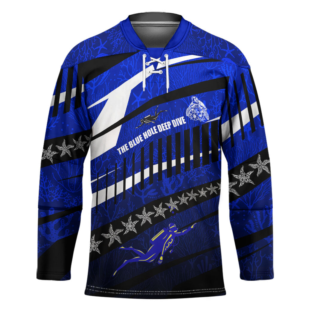 Kosrae Deep Sea Scuba Diving Hockey Jersey Blue Hole Beneath The Surface Coral Reef Graphic Art TS04 Unisex Blue Black - Polynesian Pride