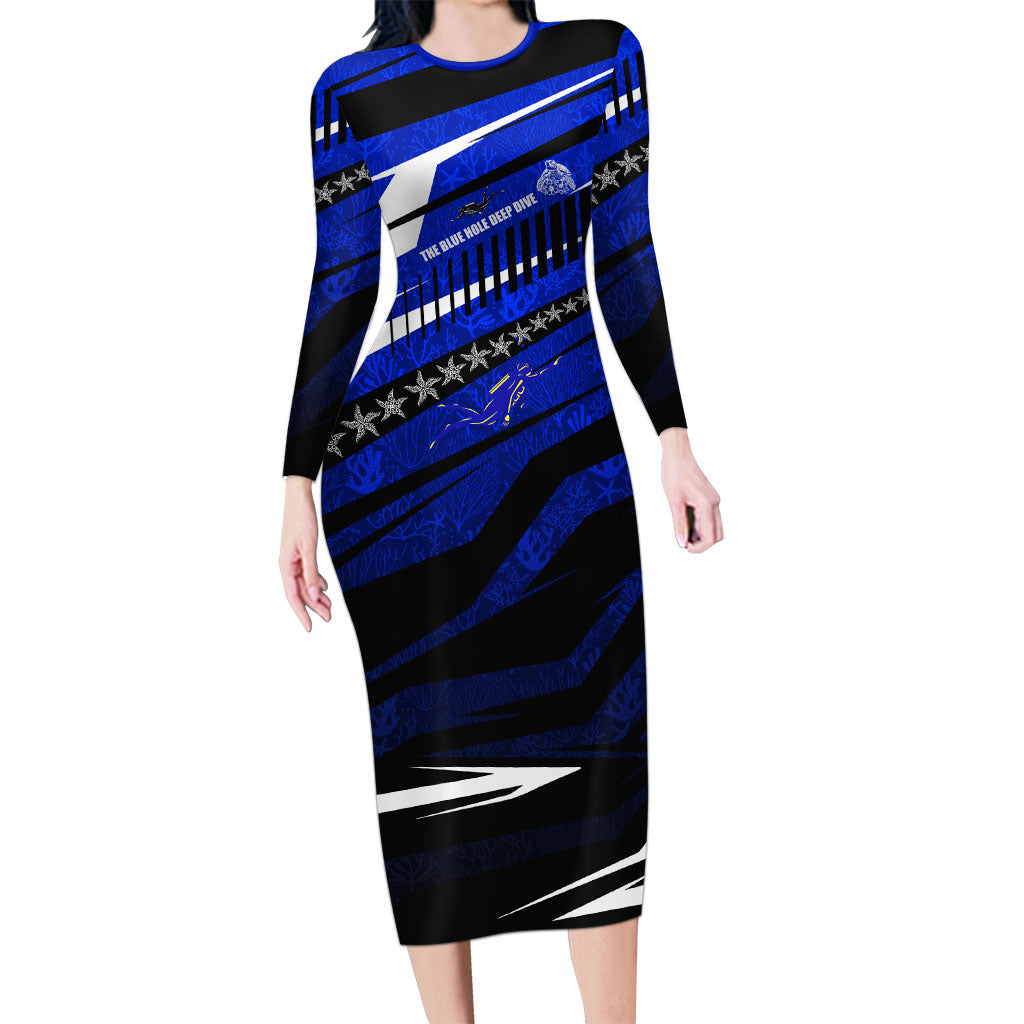 Kosrae Deep Sea Scuba Diving Long Sleeve Bodycon Dress Blue Hole Beneath The Surface Coral Reef Graphic Art TS04 Long Dress Blue Black - Polynesian Pride