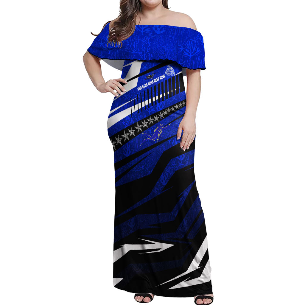 Kosrae Deep Sea Scuba Diving Off Shoulder Maxi Dress Blue Hole Beneath The Surface Coral Reef Graphic Art TS04 Women Blue Black - Polynesian Pride