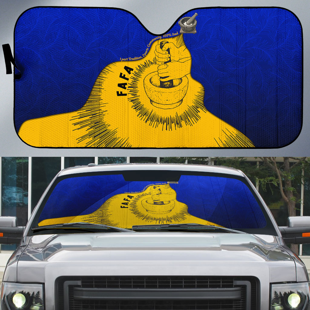 Kosrae Fafa Culinary Heritage Auto Sun Shade Kosraean Gold Taro Tradition Illustration With Coconut Leaves TS04 Blue Yellow - Polynesian Pride