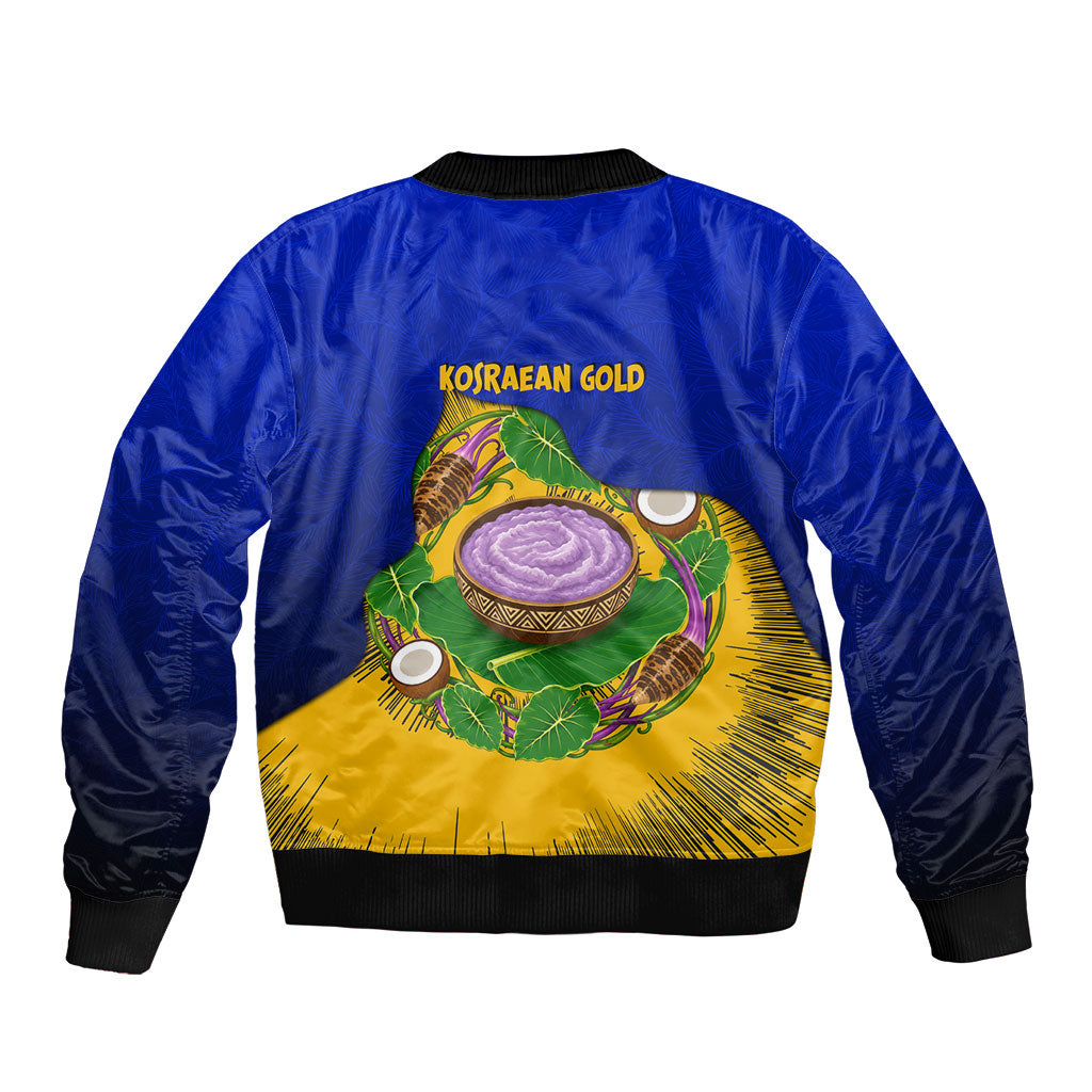 Kosrae Fafa Culinary Heritage Bomber Jacket Kosraean Gold Taro Tradition Illustration With Coconut Leaves