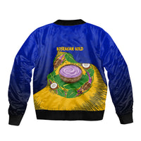 Kosrae Fafa Culinary Heritage Bomber Jacket Kosraean Gold Taro Tradition Illustration With Coconut Leaves