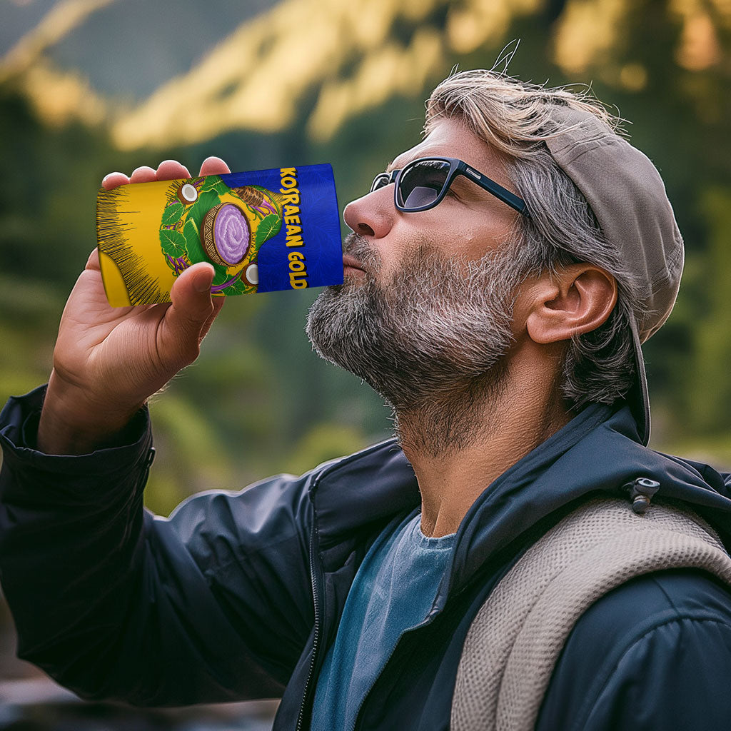Kosrae Fafa Culinary Heritage 4 in 1 Can Cooler Tumbler Kosraean Gold Taro Tradition Illustration With Coconut Leaves