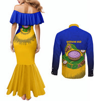 Kosrae Fafa Culinary Heritage Couples Matching Mermaid Dress and Long Sleeve Button Shirt Kosraean Gold Taro Tradition Illustration With Coconut Leaves