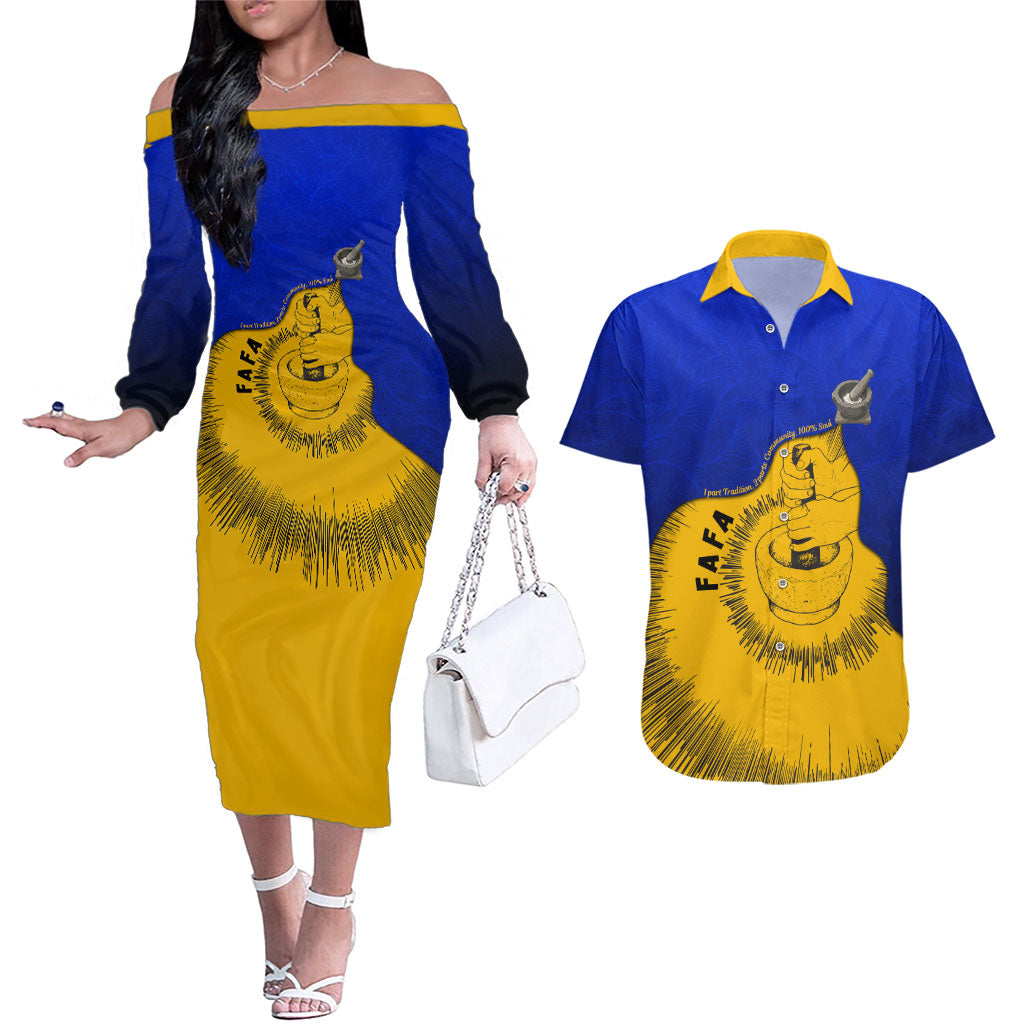 Kosrae Fafa Culinary Heritage Couples Matching Off The Shoulder Long Sleeve Dress and Hawaiian Shirt Kosraean Gold Taro Tradition Illustration With Coconut Leaves