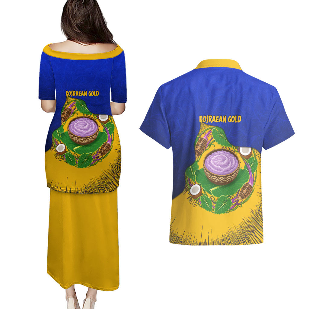 Kosrae Fafa Culinary Heritage Couples Matching Puletasi and Hawaiian Shirt Kosraean Gold Taro Tradition Illustration With Coconut Leaves