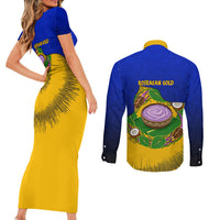 Kosrae Fafa Culinary Heritage Couples Matching Short Sleeve Bodycon Dress and Long Sleeve Button Shirt Kosraean Gold Taro Tradition Illustration With Coconut Leaves