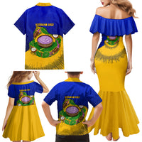 Kosrae Fafa Culinary Heritage Family Matching Mermaid Dress and Hawaiian Shirt Kosraean Gold Taro Tradition Illustration With Coconut Leaves
