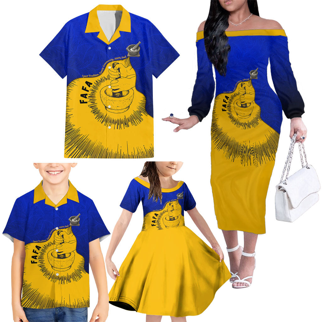 Kosrae Fafa Culinary Heritage Family Matching Off The Shoulder Long Sleeve Dress and Hawaiian Shirt Kosraean Gold Taro Tradition Illustration With Coconut Leaves TS04 - Polynesian Pride