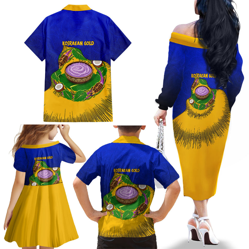 Kosrae Fafa Culinary Heritage Family Matching Off The Shoulder Long Sleeve Dress and Hawaiian Shirt Kosraean Gold Taro Tradition Illustration With Coconut Leaves