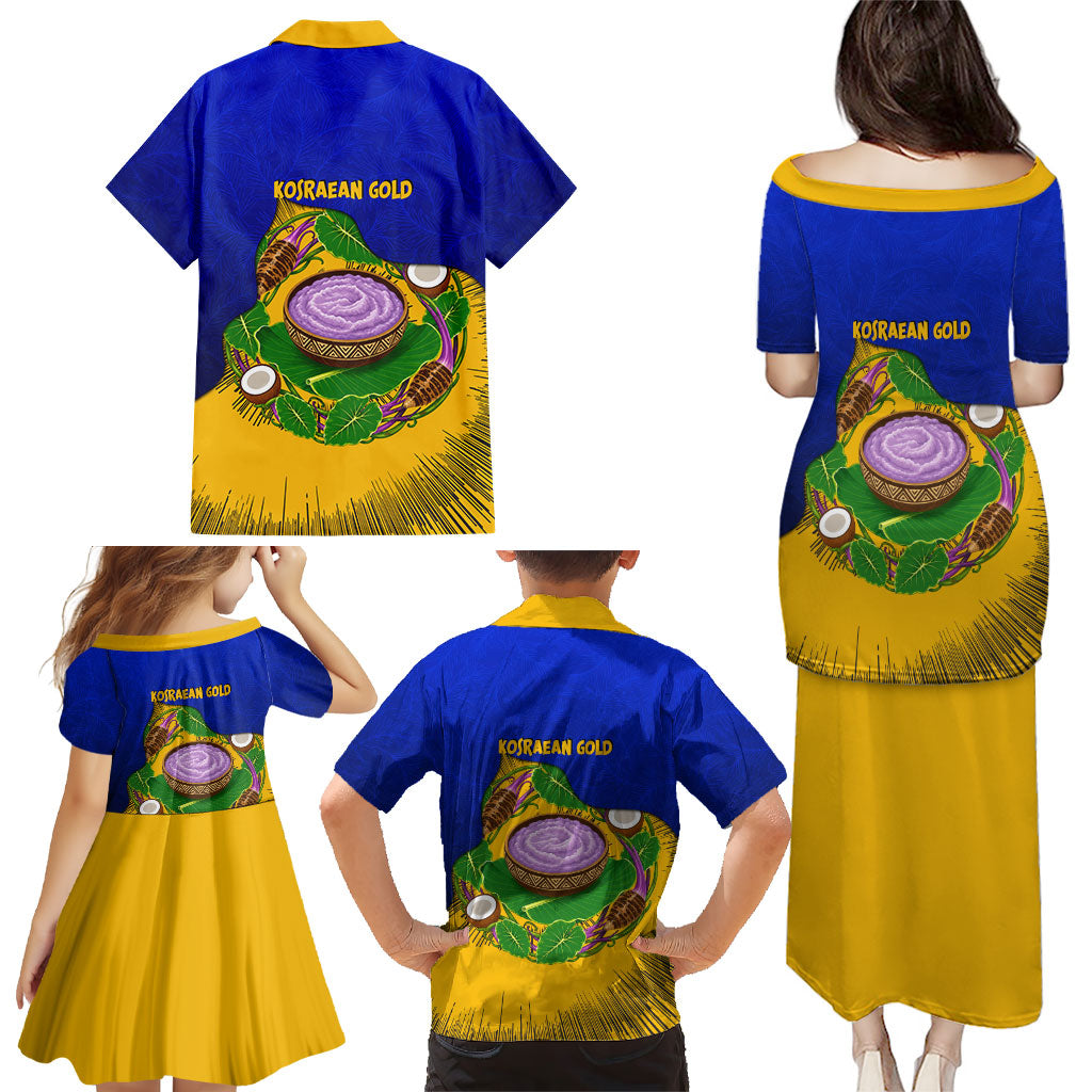 Kosrae Fafa Culinary Heritage Family Matching Puletasi and Hawaiian Shirt Kosraean Gold Taro Tradition Illustration With Coconut Leaves