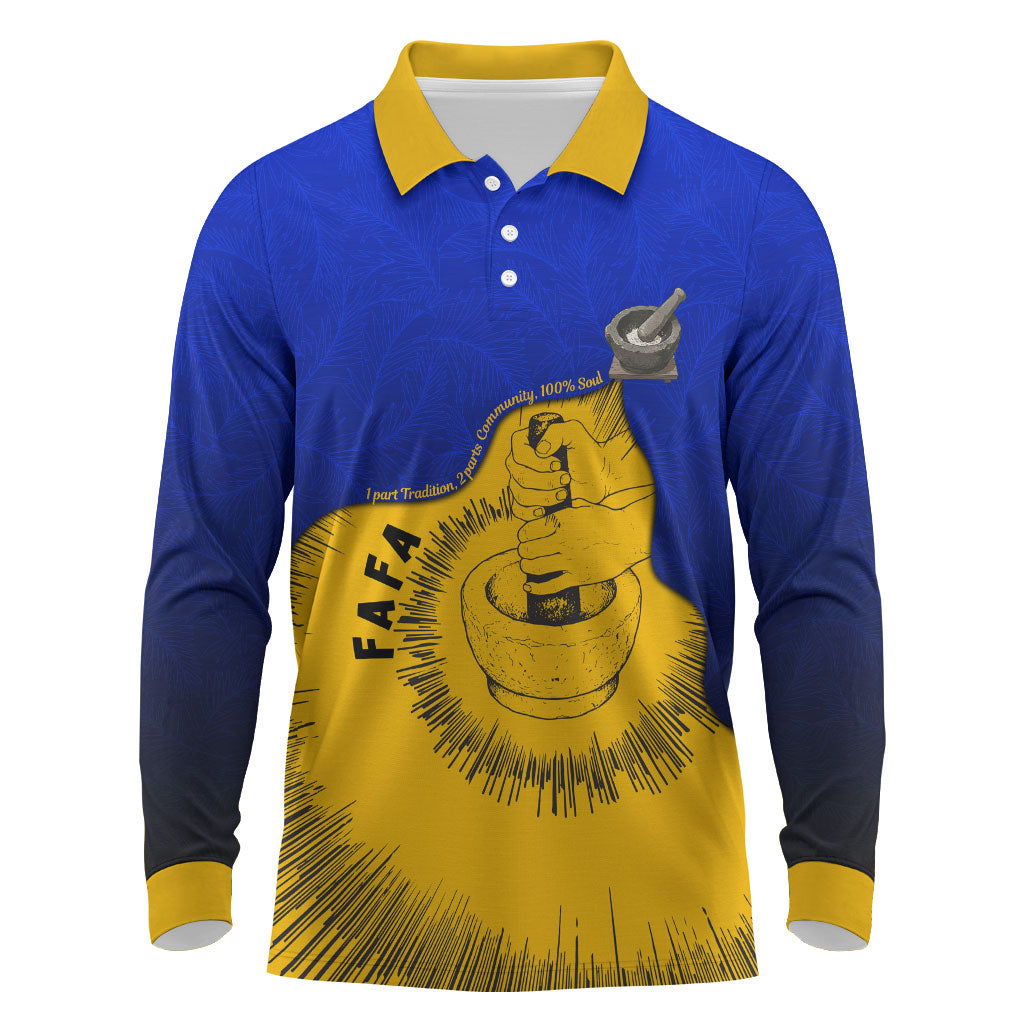 Kosrae Fafa Culinary Heritage Long Sleeve Polo Shirt Kosraean Gold Taro Tradition Illustration With Coconut Leaves