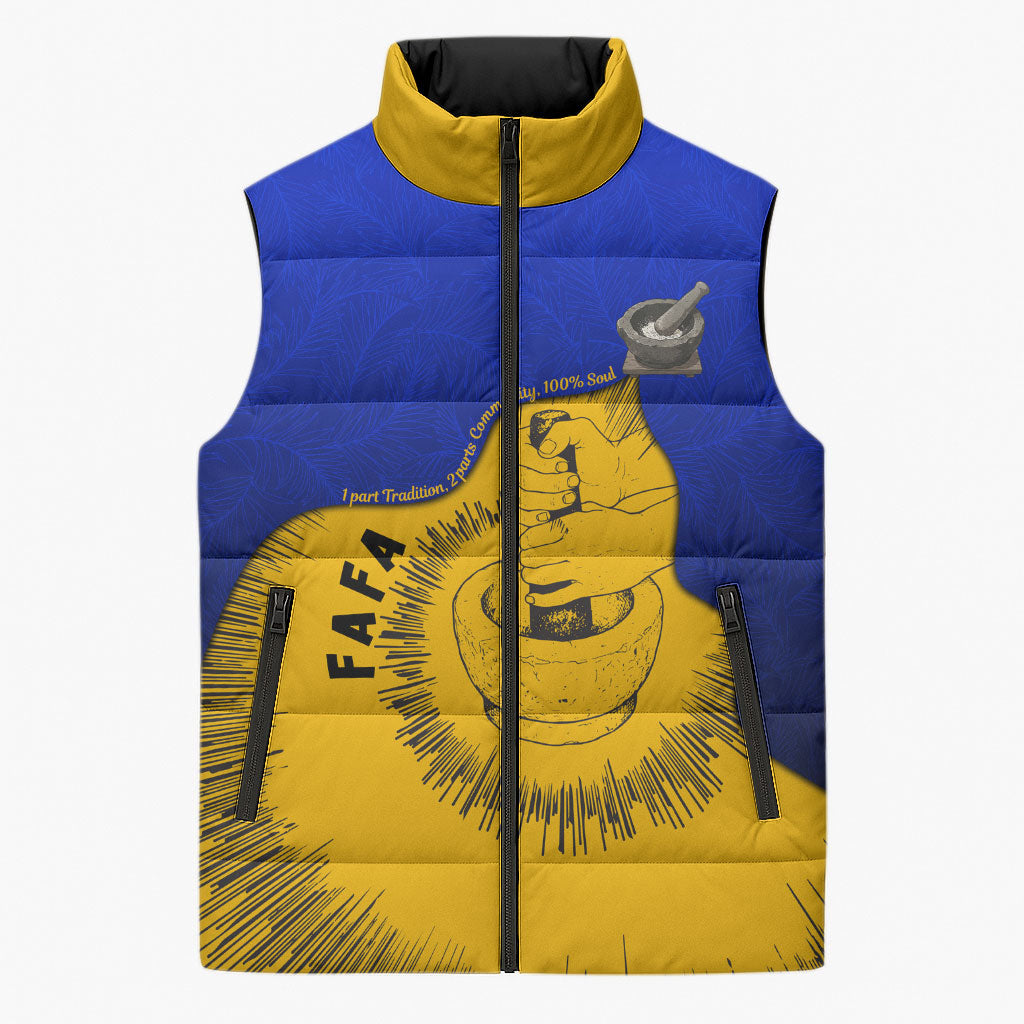 Kosrae Fafa Culinary Heritage Sleeveless Puffer Jacket Kosraean Gold Taro Tradition Illustration With Coconut Leaves