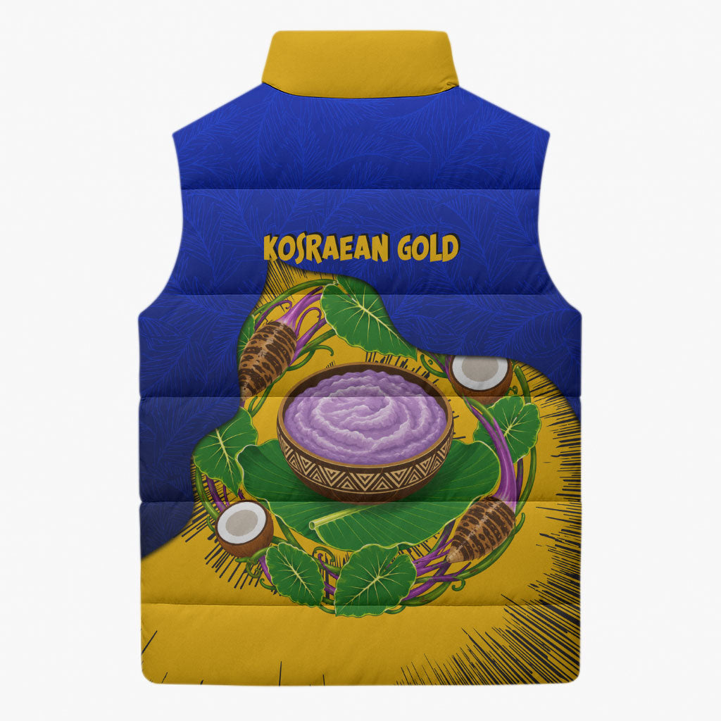 Kosrae Fafa Culinary Heritage Sleeveless Puffer Jacket Kosraean Gold Taro Tradition Illustration With Coconut Leaves