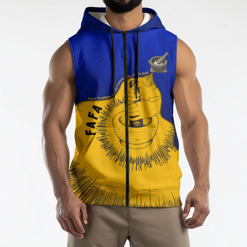 Kosrae Fafa Culinary Heritage Sleeveless Zip Hoodie Kosraean Gold Taro Tradition Illustration With Coconut Leaves