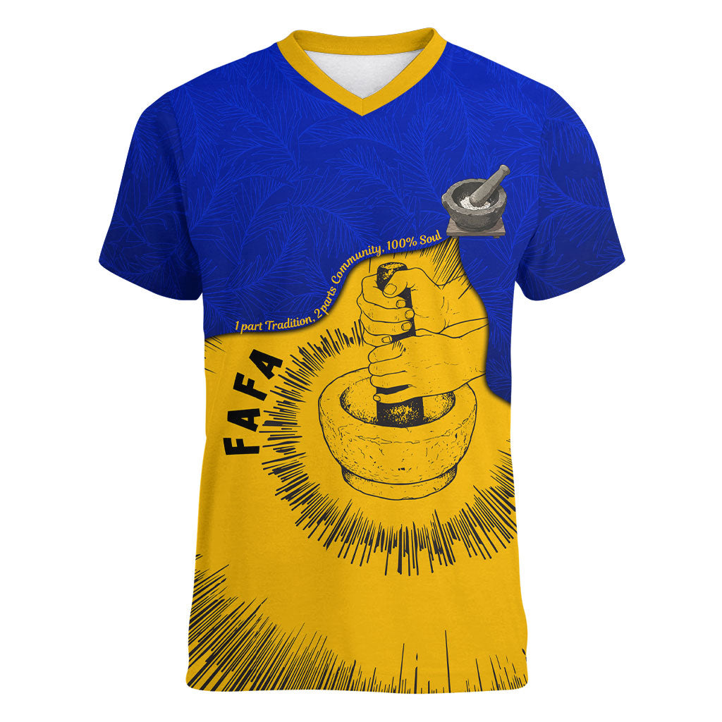 Kosrae Fafa Culinary Heritage Women V-Neck T-Shirt Kosraean Gold Taro Tradition Illustration With Coconut Leaves