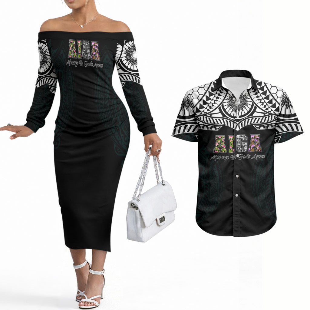 AIGA Always In Gods Arms Samoa Couples Matching Off The Shoulder Long Sleeve Dress and Hawaiian Shirt Polynesian Tribal Tattoo Art Family Heritage Faith