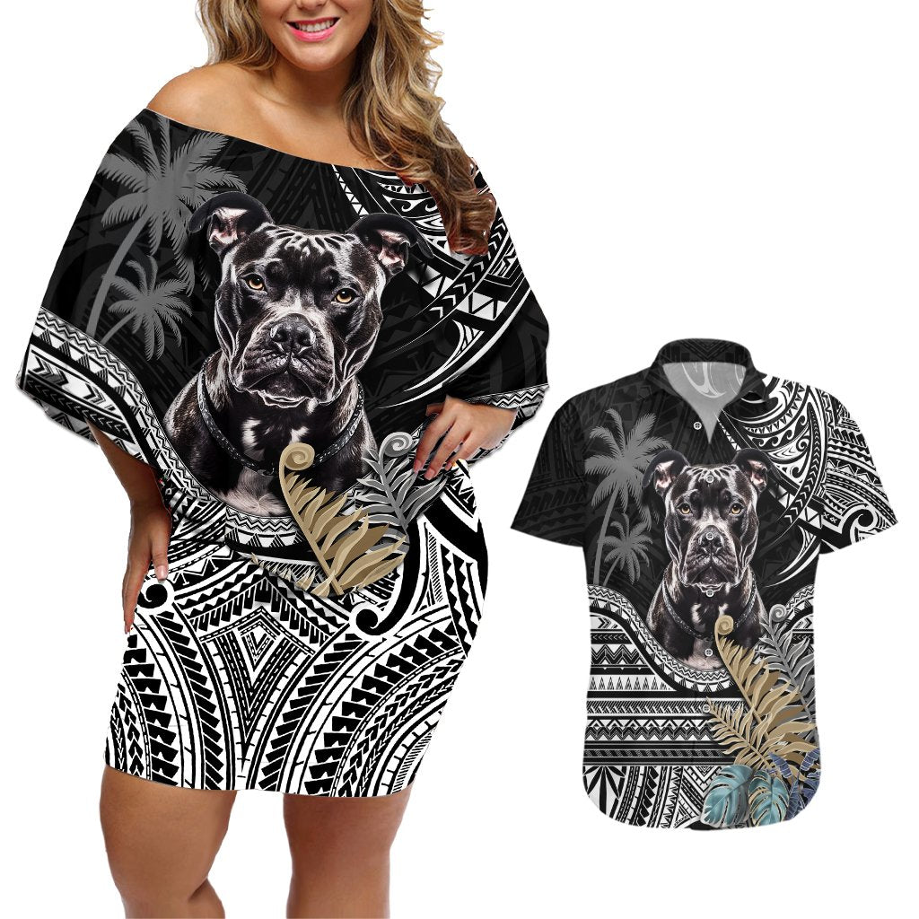 Polynesian Pitbull Couples Matching Off Shoulder Short Dress and Hawaiian Shirt Polynesian Pattern And Pitbull TS04 Black - Polynesian Pride