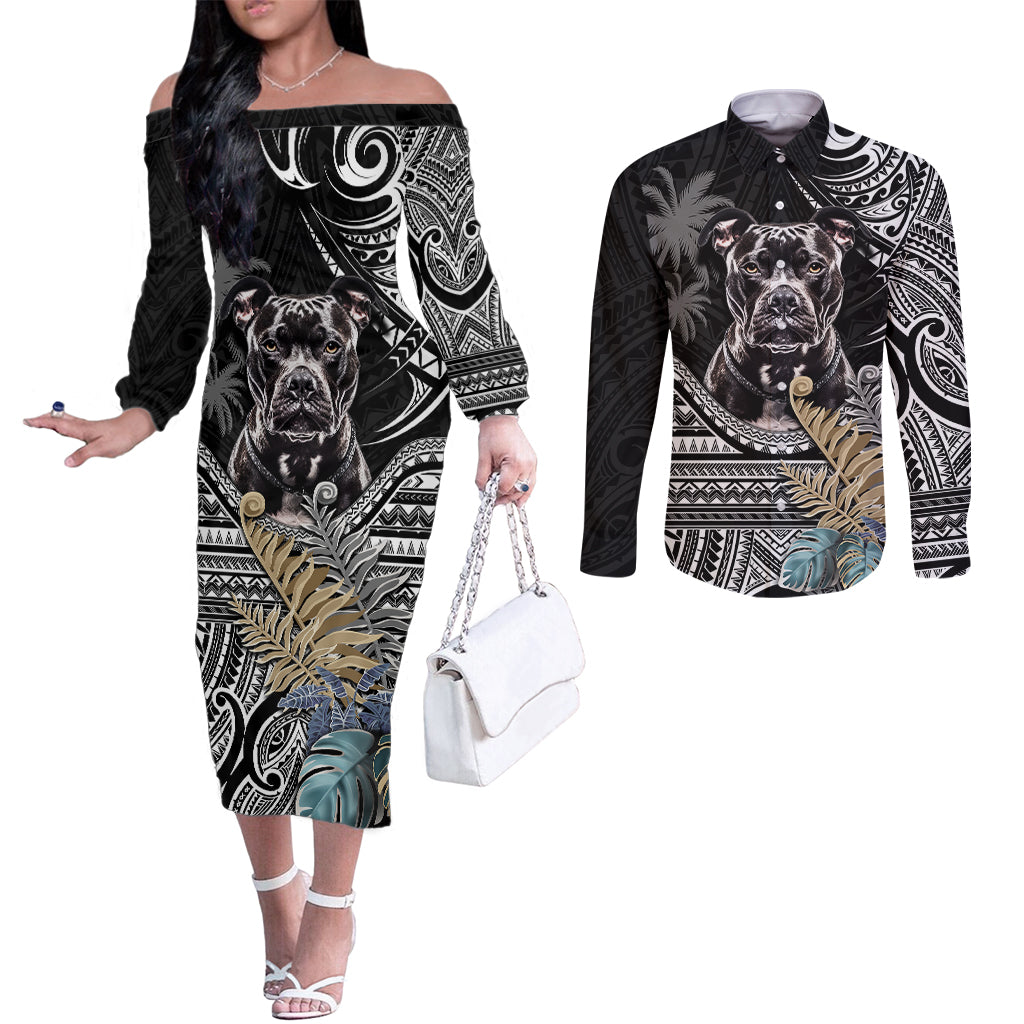 Polynesian Pitbull Couples Matching Off The Shoulder Long Sleeve Dress and Long Sleeve Button Shirts Polynesian Pattern And Pitbull TS04 Black - Polynesian Pride