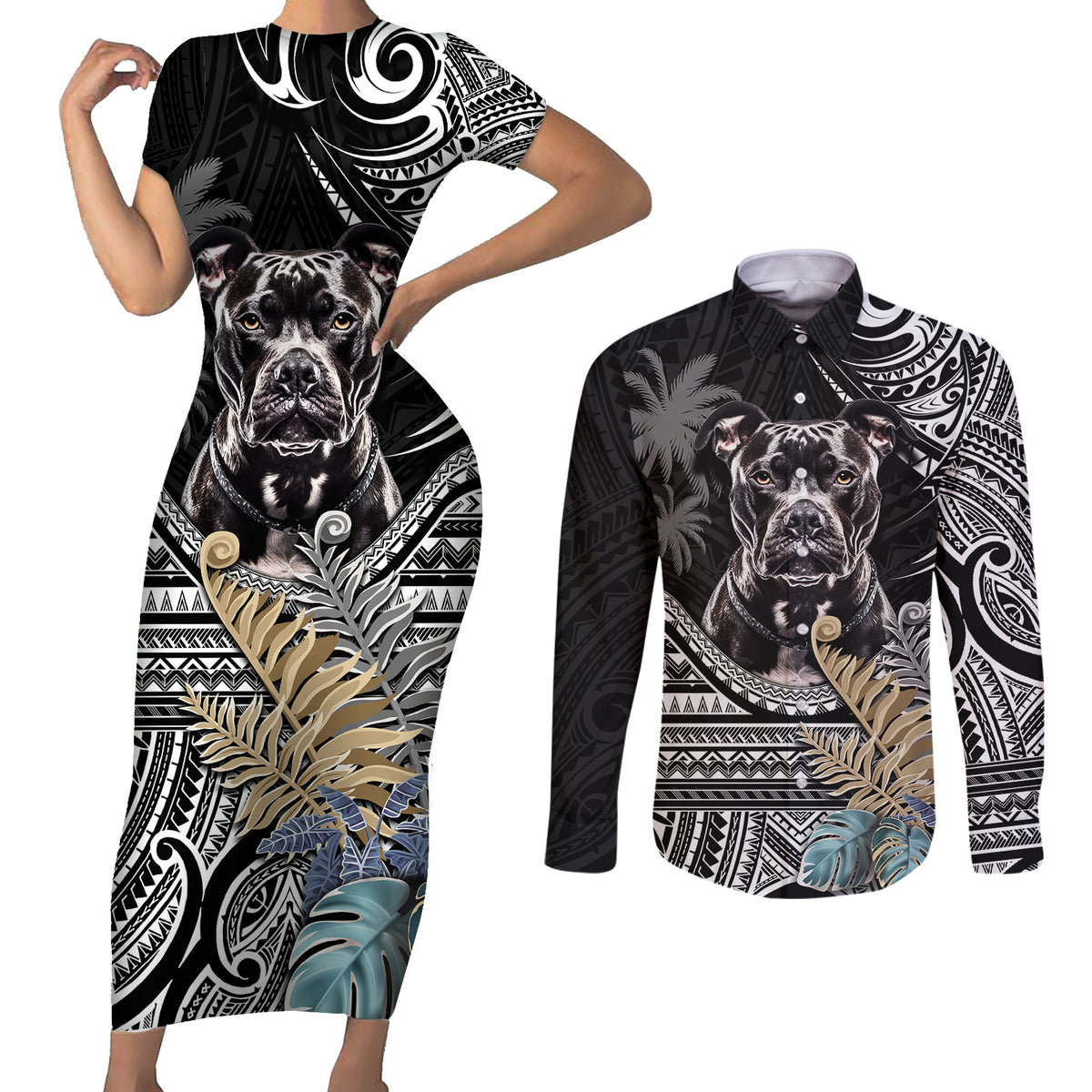 Polynesian Pitbull Couples Matching Short Sleeve Bodycon Dress and Long Sleeve Button Shirts Polynesian Pattern And Pitbull TS04 Black - Polynesian Pride