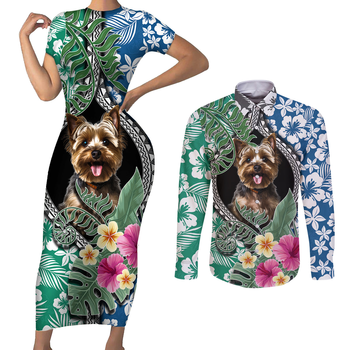 Polynesian Yorkshire Terrier Couples Matching Short Sleeve Bodycon Dress and Long Sleeve Button Shirts Polynesian Pattern And Yorkshire Terrier TS04 Multicolor - Polynesian Pride